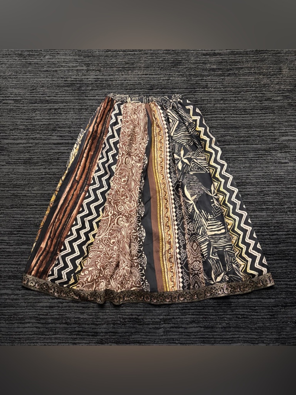 Vintage Chico’s Boho Tribal Patchwork Elastic Waist Embellish Silk Midi Skirt